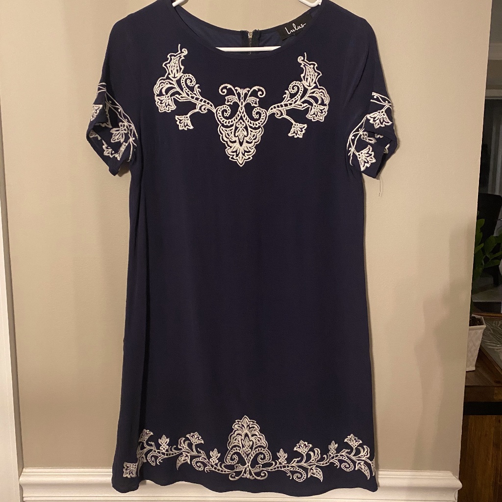 Lulus Tale To Tell Embroidered Shift Dress - Navy Blue - Size Small